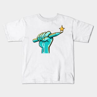 fist firmly holding a pen with a star on top Kids T-Shirt